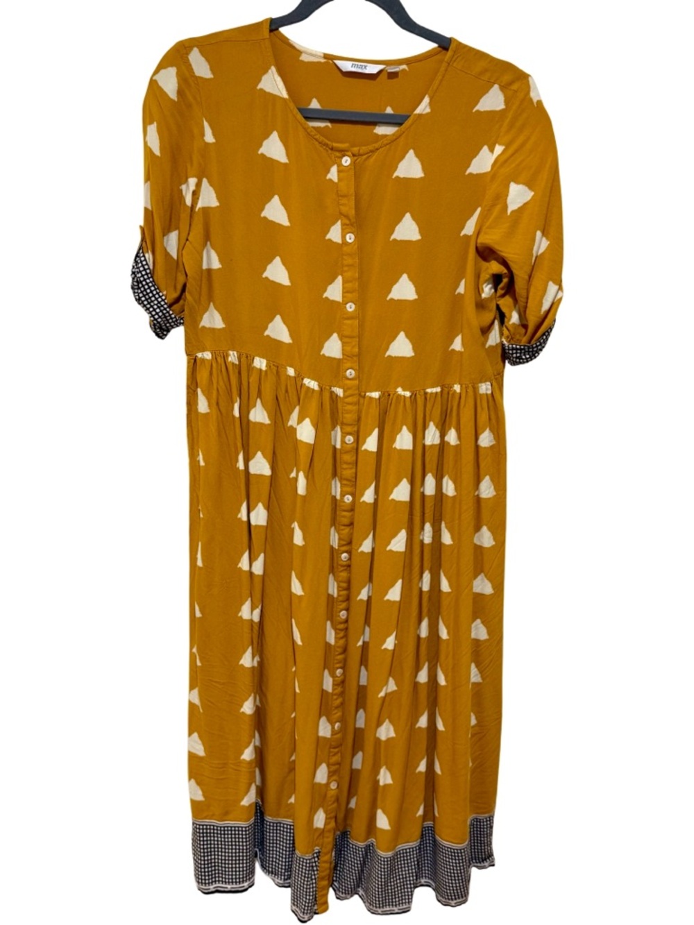 Max (Made in India) Mustard Yellow Button-Front Casual Dress W/ Triangle Print M